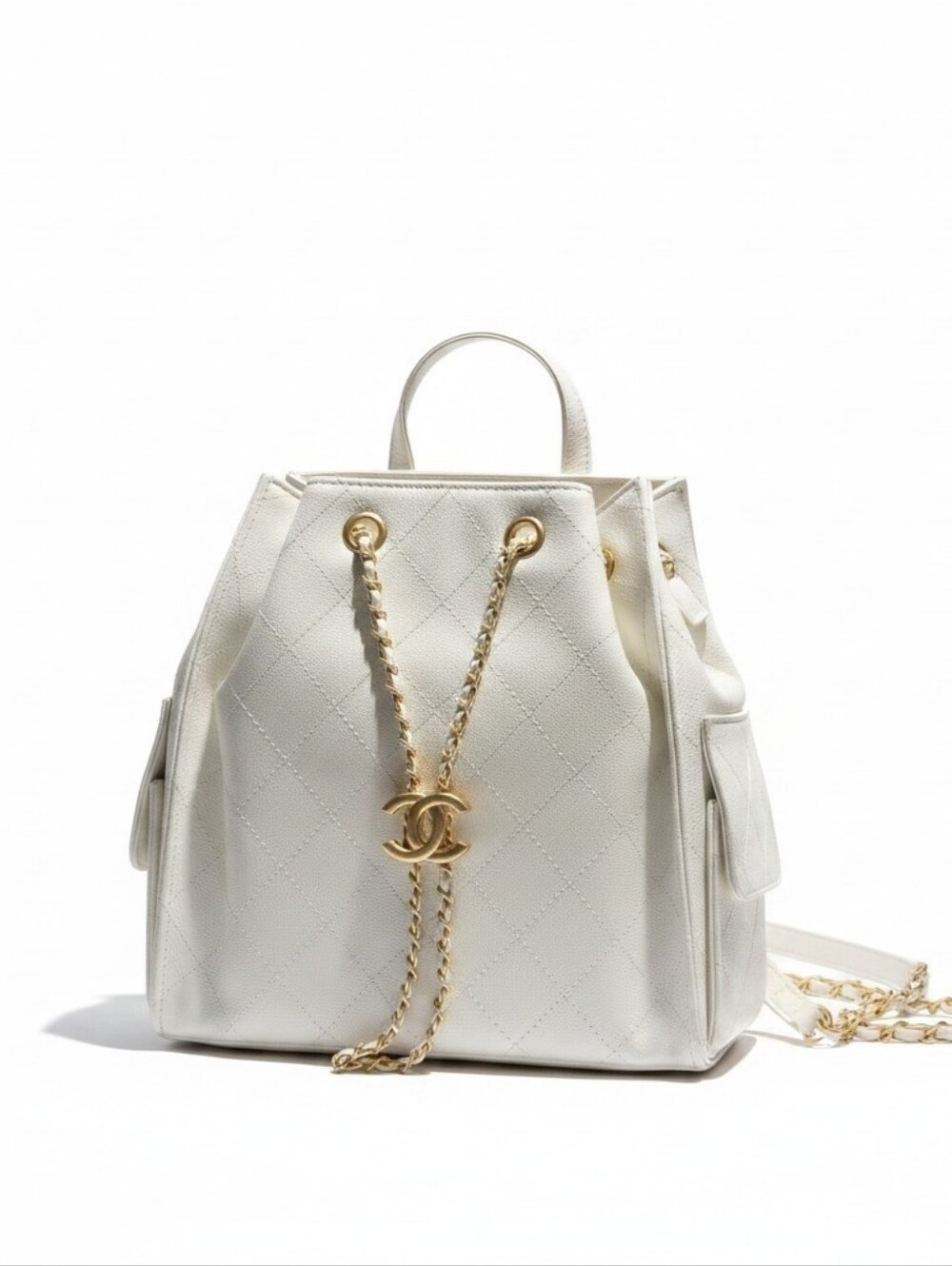 White Quilted Leather Backpack with Gold Chain CC Accent